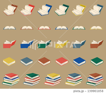 本と書籍のページが開く積み上がった本と図鑑のレトロでカラフルなアイコンパターンセット 139901858