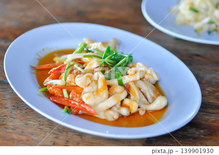stir fried squid with vegetable, curry squid or squid salad stir fried squid with vegetable, curry squid or squid salad 139901930