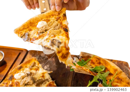 Top view of hand with pizza Pie Server Pizza Truffle and mushroom, pizza Rucola and parmesan, focus selective 139902463