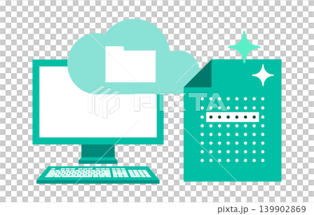 デスクトップPCとデジタルワークフローのイラスト。ペーパーレス化やAI自動化による業務効率化に 139902869