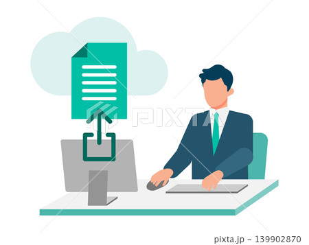 クラウドストレージに書類をアップロードする男性のイラスト。データ管理やファイル共有のイメージに 139902870