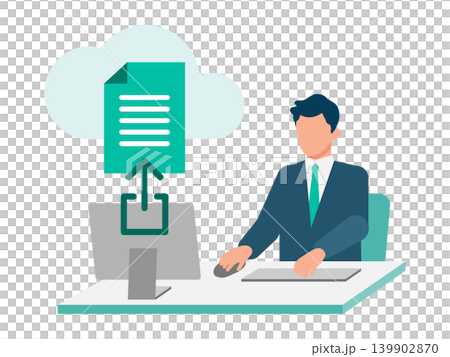 クラウドストレージに書類をアップロードする男性のイラスト。データ管理やファイル共有のイメージに 139902870