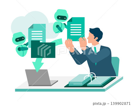 AIを活用してクラウドストレージへ書類をアップロードする男性イラスト。データ分析や自動化のイメージ 139902871