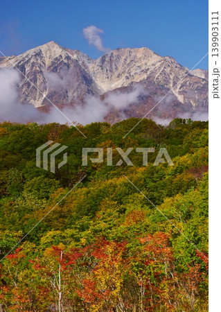 紅葉の岩岳から望む白馬の峰々 139903111