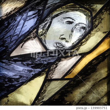 History of salvation - detail, stained glass window by Sieger Koder in church of Saint Bartholomew in Leutershausen, Germany 139903751