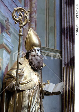 Saint Ambrose on the main altar of Holy Cross, parish Church of the Immaculate Conception of the Virgin Mary in Lepoglava, Croatia Saint Ambrose on the main altar of Holy Cross, parish Church of the Immaculate Conception of the Virgin Mary in Lepoglava, Croatia 139903790