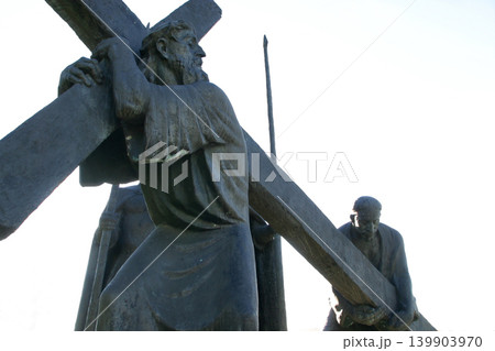 5th Stations of the Cross, Simon of Cyrene carries the cross, basilica Assumption of the Virgin Mary in Marija Bistrica, Croatia 139903970