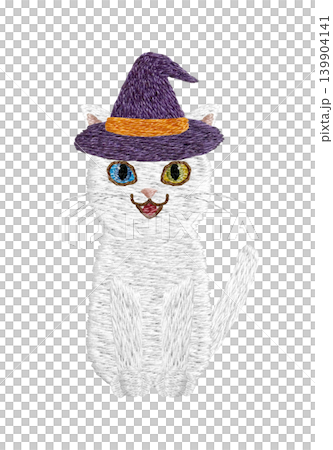 【帽子をかぶったオッドアイの白猫】手刺繍イラスト素材 【帽子をかぶったオッドアイの白猫】手刺繍イラスト素材 139904141