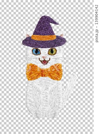 [White cat with odd-colored eyes wearing a hat] Hand-embroidered illustration material 139904142
