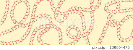 Hand drawn rope brush bg. Braided cord lines with decorative knots and loops. Vector nautical bg. 139904476