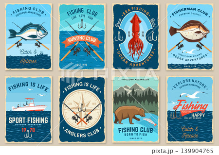 Vintage Fishing Poster Collection with Retro Nautical Adventure and Sport Fishing Designs. Retro marine sticker pack vector set for apparel, branding and sport fishing design. Vintage Fishing Poster Collection with Retro Nautical Adventure and Sport Fishing Designs. Retro marine sticker pack vector set for apparel, branding and sport fishing design. 139904765