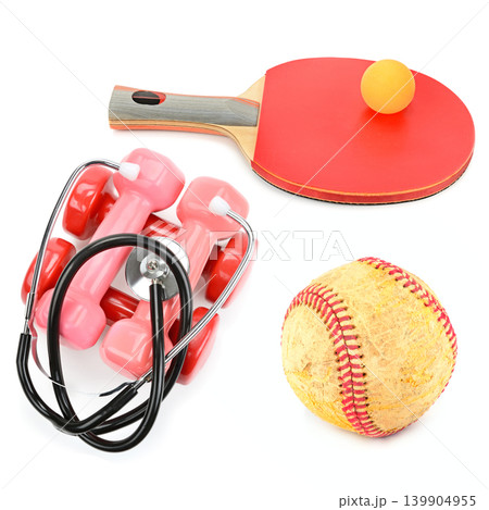 Sports medicine and healthy lifestyle concept with table tennis racket and baseball. Sports medicine and healthy lifestyle concept with table tennis racket and baseball. 139904955