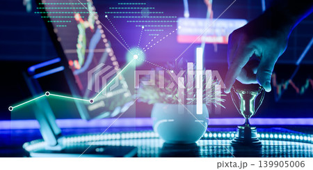 Trading Performance Growth Concept with Trophy, Tablet Chart and Analytics Overlay 139905006