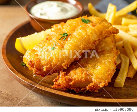 Golden brown fish fillets sit atop a bed of crispy fries 139905090