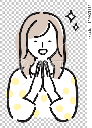 A joyful woman, smiling and clasping her hands together, expressing gratitude and happiness. Simple, hand-drawn illustration in pastel colors. 139905111