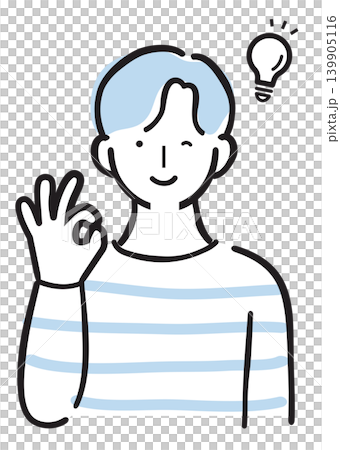 笑顔の男性 OKサイン ひらめき 電球 アイデア シンプル手描きイラスト 笑顔の男性 OKサイン ひらめき 電球 アイデア シンプル手描きイラスト 139905116