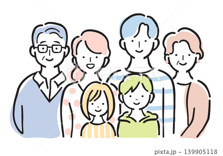 三世代家族のイラストセット 6人家族 笑顔 シニア 祖父母 孫 シンプル手描きイラスト 139905118