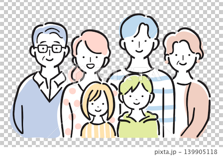 三世代家族のイラストセット 6人家族 笑顔 シニア 祖父母 孫 シンプル手描きイラスト 139905118