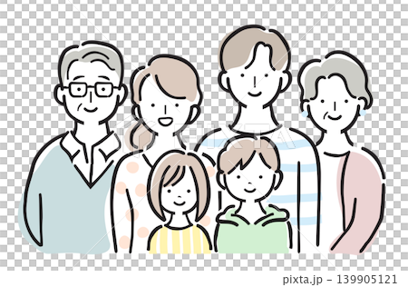 三代同堂家庭插畫套裝:六人家庭,笑容滿面的長輩、祖父母及孫子女。簡潔的手繪風格,採用柔和的粉紅彩色調。 三代同堂家庭插畫套裝:六人家庭,笑容滿面的長輩、祖父母及孫子女。簡潔的手繪風格,採用柔和的粉紅彩色調。 139905121