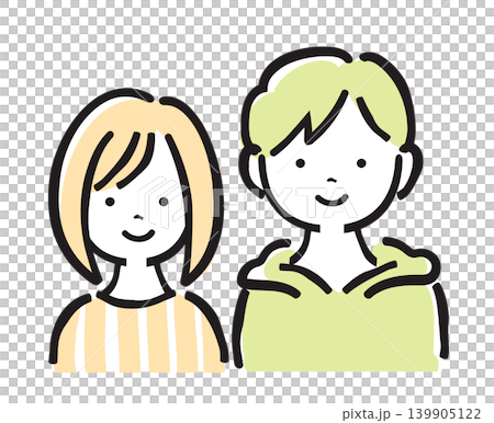 一組兩個孩子的插圖:兄妹倆,面帶微笑,小學生年齡,幼兒,簡單的手繪插圖。 一組兩個孩子的插圖:兄妹倆,面帶微笑,小學生年齡,幼兒,簡單的手繪插圖。 139905122