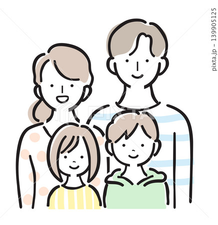 4人家族のイラストセット 子供二人 笑顔 育児 マイホーム シンプル手描きイラスト パステルカラー 4人家族のイラストセット 子供二人 笑顔 育児 マイホーム シンプル手描きイラスト パステルカラー 139905125