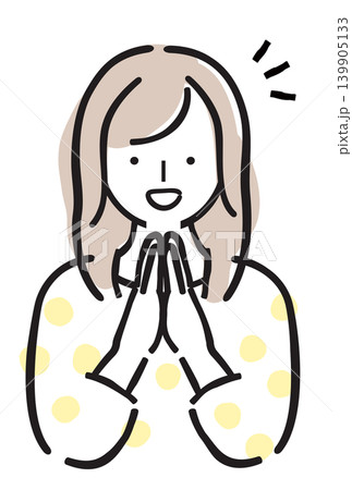喜ぶ女性 笑顔で手を合わせる 納得 ひらめき シンプル手描きイラスト パステルカラー 139905133