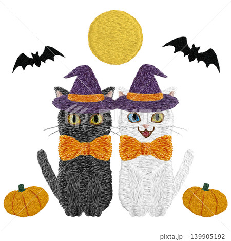 【コウモリとカボチャと黒猫とオッドアイの白猫と月】手刺繍イラスト素材 139905192