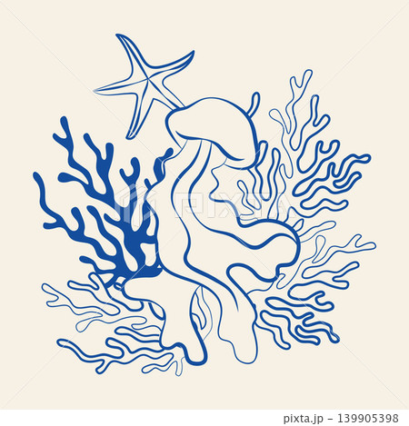 Hand-drawn jellyfish, coral and sea star composition in line art doodle style, underwater sea animal for vacation vibe projects Hand-drawn jellyfish, coral and sea star composition in line art doodle style, underwater sea animal for vacation vibe projects 139905398