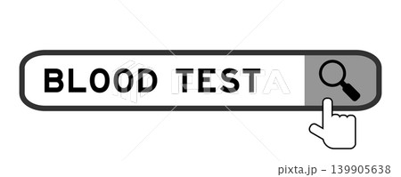 Search banner in word blood test with hand over magnifier icon on white background Search banner in word blood test with hand over magnifier icon on white background 139905638
