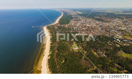 Aerial View of Palanga Pier, Sandy Beach, and Pine Forests in Lithuania 139905773