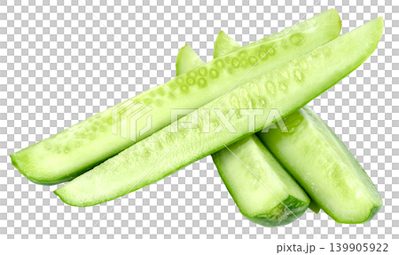Fresh green cucumber slices and wedges isolated. Long longitudinal cuts of crisp organic vegetable showing seeds. Perfect for healthy eating or cooking concept. Fresh green cucumber slices and wedges isolated. Long longitudinal cuts of crisp organic vegetable showing seeds. Perfect for healthy eating or cooking concept. 139905922