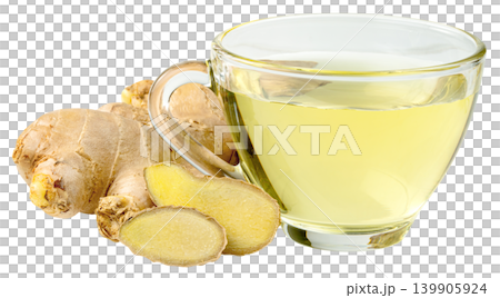 Glass cup of hot ginger tea with fresh ginger root and slices isolated. Healthy herbal beverage for detox and wellness. Natural medicine and organic drink concept. 139905924