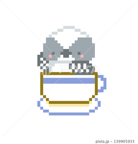 青色カップとシマエナガの雛のドット絵 139905933