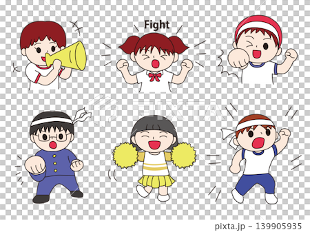 一組描繪男孩和女孩在學校運動會上加油的小人偶。 一組描繪男孩和女孩在學校運動會上加油的小人偶。 139905935