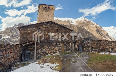 Panoramic view of the courtyard of the Lamaria of Ushguli, Svaneti, Georgia. 139905985