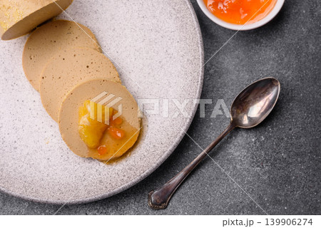 Foie gras, sliced chicken liver with fruit jam for French toast. Foie gras Foie gras, sliced chicken liver with fruit jam for French toast. Foie gras 139906274