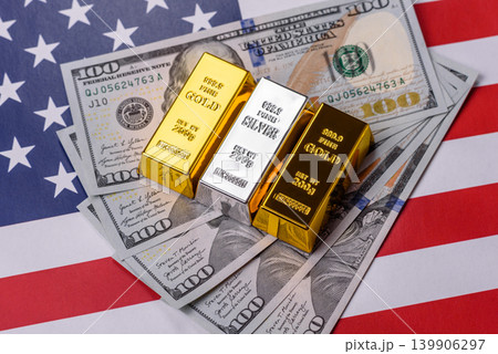 Gold and silver bullion or ingots as metals for bank storage, investments. Gold and silver bars Gold and silver bullion or ingots as metals for bank storage, investments. Gold and silver bars 139906297