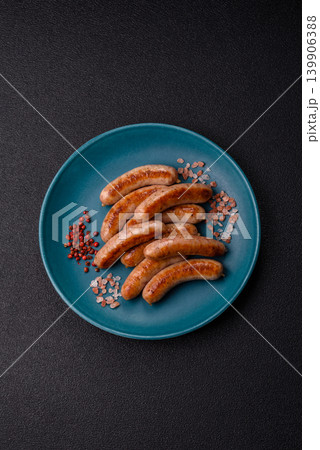 Grilled or barbecued chicken sausages for the dinner table. Grilled sausages 139906388