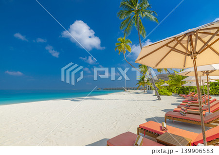 Beach sunbeds umbrellas palm trees stunning breathtaking dreamy serene paradise exotic coastal luxury travel destination summer vacation idyllic scenic turquoise ocean sunshine warm leisure lifestyle Beach sunbeds umbrellas palm trees stunning breathtaking dreamy serene paradise exotic coastal luxury travel destination summer vacation idyllic scenic turquoise ocean sunshine warm leisure lifestyle 139906583