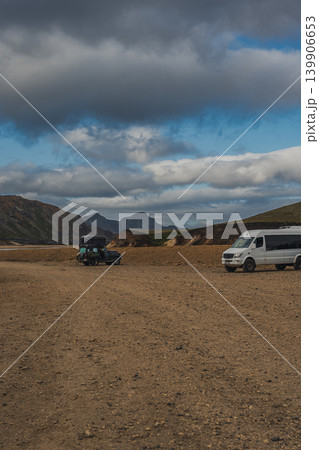 Vehicles Parked on Rugged Terrain Near Studlagil Canyon, Iceland 139906653
