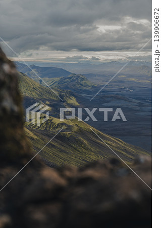 Volcanic Plains and Moss Covered Slopes Under Overcast Sky in Iceland Volcanic Plains and Moss Covered Slopes Under Overcast Sky in Iceland 139906672