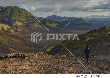 Visitor Walks Along Rocky Trail in Remote Icelandic Valley Visitor Walks Along Rocky Trail in Remote Icelandic Valley 139906692