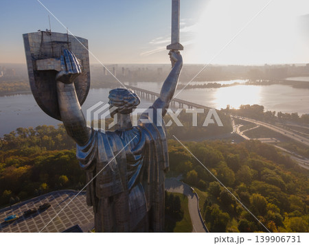Rear View of Motherland Monument with Kyiv Cityscape and Dnipro River Rear View of Motherland Monument with Kyiv Cityscape and Dnipro River 139906731