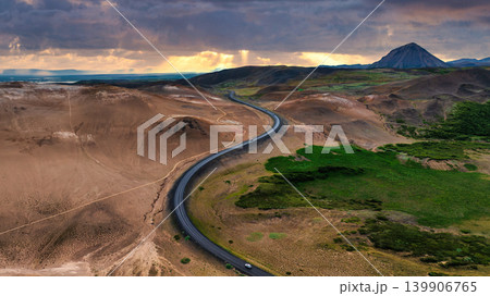 Aerial Ring Road near Myvatn and Namaskard with Hverfjall Crater Aerial Ring Road near Myvatn and Namaskard with Hverfjall Crater 139906765