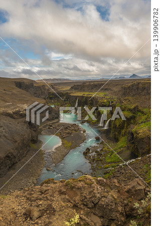 Icelandic Canyon with Turquoise River and Moss Covered Waterfalls 139906782