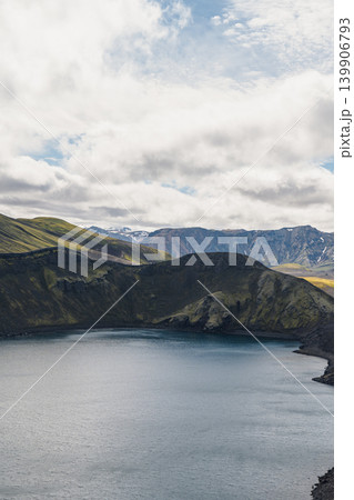 Serene Lake with Moss Covered Hills and Snow Capped Peaks in Iceland Serene Lake with Moss Covered Hills and Snow Capped Peaks in Iceland 139906793
