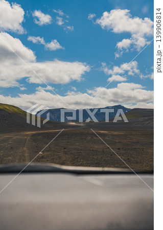 View of Icelandic Highlands Through Vehicle Interior on Dirt Road 139906814