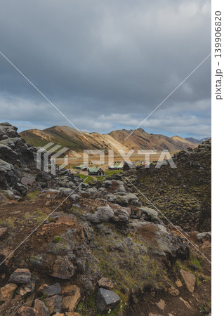 Colorful Rhyolite Mountains and Settlement in Landmannalaugar, Iceland Colorful Rhyolite Mountains and Settlement in Landmannalaugar, Iceland 139906820
