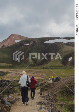 Hikers on Rocky Trail in Landmannalaugar, Iceland's Highlands 139906834