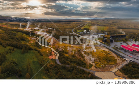 Geothermal Area in Iceland with Hot Springs and Wooden Pathway Geothermal Area in Iceland with Hot Springs and Wooden Pathway 139906880